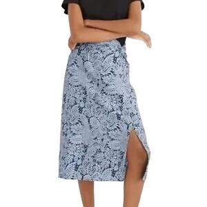 Madewell Paisley Garden Knotted Linen Blend Midi Skirt Blue Side Slit Wrap XS 2